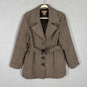 Marisa Christina Pea Coat Jacket Medium Chocolate Cream Wool Tweed Dark Academia